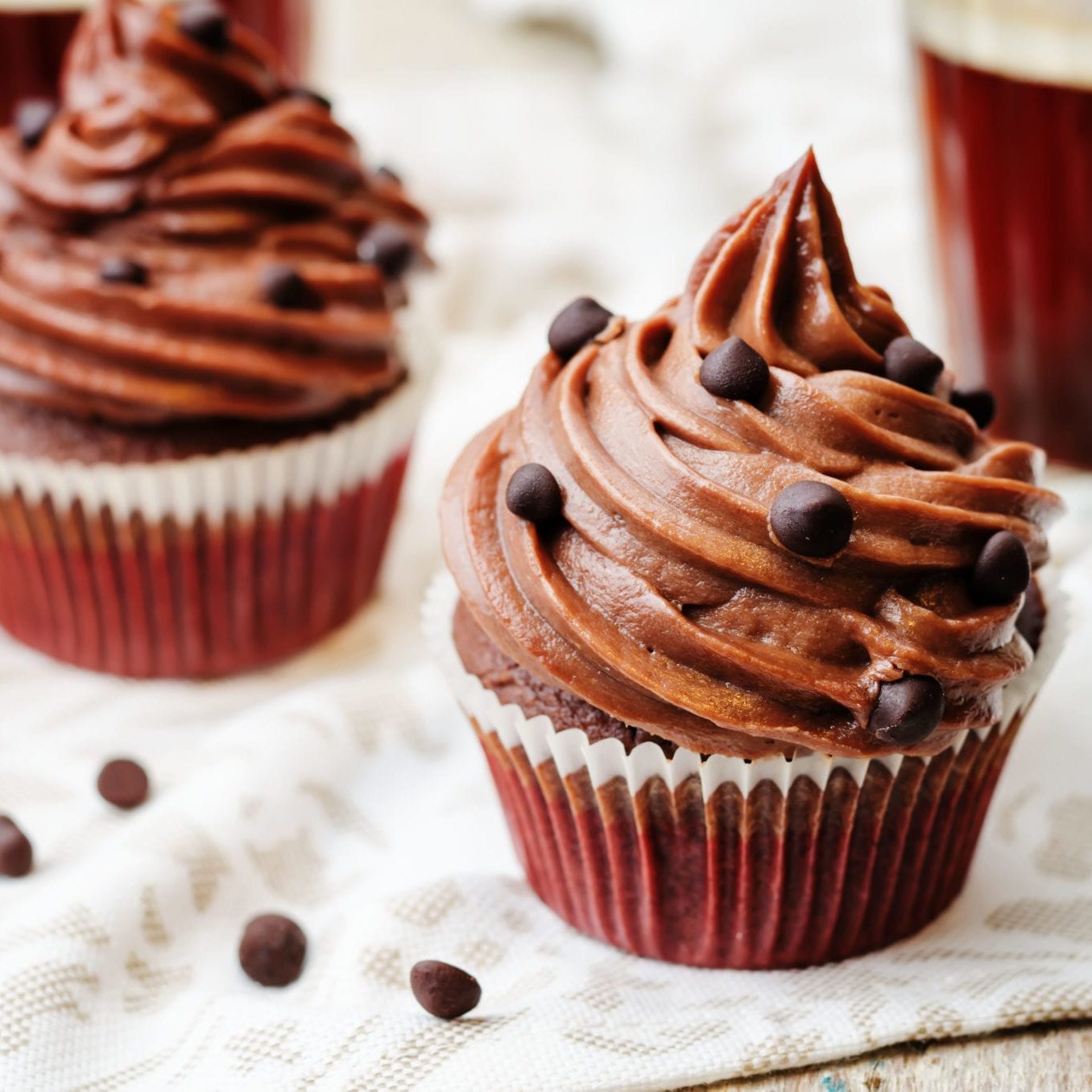 chocolate cupcakes with chocolate frosting and chocolate chips. the toning. selective focus